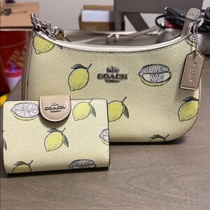 Coach Lemon Print Shoulder Bag and Wallet - Cream